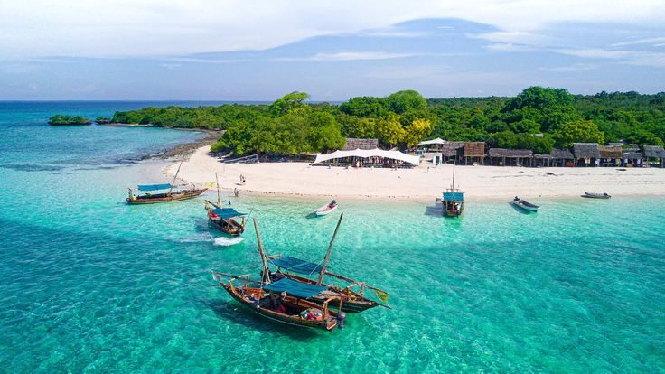 Dhow sailboats anchored off a white sand beach in Zanzibar